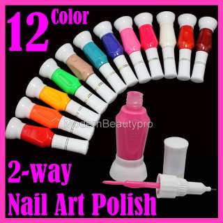 12 Pure Color 2 Way False Nail Art Brush Pen Varnish Polish Set  