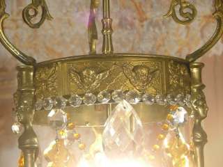 Vintage Bronze Lantern Chandelier Amber Pendalogues Cherub fixture 