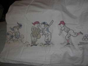 Vintage Bed Linen 63x108 Flat Sheet Kids Baseball Sport  