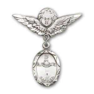   Baby Badge with Baptism Charm and Angel w/Wings Badge Pin Jewelry