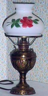 ANTIQUE ELECTRIFIED BRASS KEROSENE OIL LAMP & HANDPAINTED ROSE SHADE 