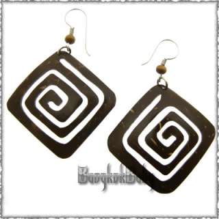 Square Spiral Coco Coconut Shell Carved Wood Earrings  