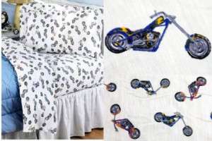 3PC Motorcycle Chopper Cotton White Bed Sheet Set TWIN  