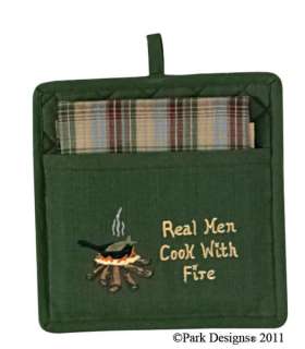 set) Plaid Cotton Dish Towel/Real Men Cook With Fire Pocket 