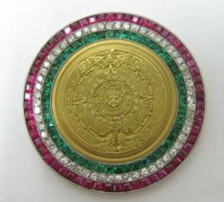 RARE RUBY EMERALD & DIAMOND AZTEC 18K + YELLOW GOLD PHOTO HOLDER 