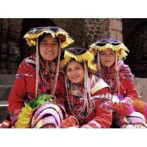 Portrait of Three Smiling Peruvian Girls in Traditional Dance Dress 