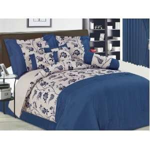  11 Piece Queen Floral Blue Floral Flocked Bed in a Bag 