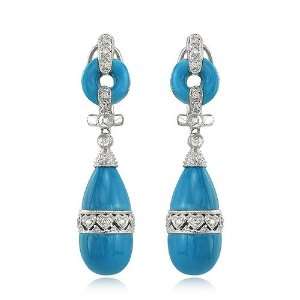  14K White Gold Turquoise & Diamond Drop Earrings Jewelry