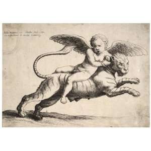   Card Wenceslaus Hollar   Cupid on a tiger, after Giulio Romano
