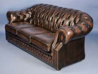 Antique English Brown Leather Chesterfield Sofa Couch  