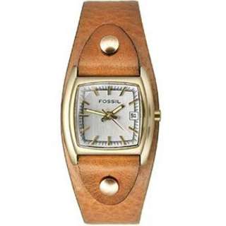  FOSSIL WOMENS BROWN LEATHER STRAP GOLD CASE SILVER DIAL DATE WATCH 