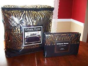 Black Gold Zebra Queen 8 pc Set Comforter +2Shams+ Bed Skirt & Sheet 