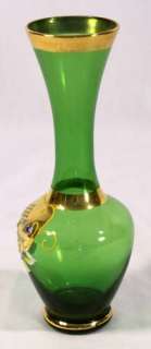 Vintage Hand Blown Art Glass Enameled Vase Gold Emerald Green Made in 