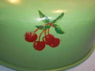 VINAGE ALUMINUM CAKE COVER~PAINTED GREEN~CHERRY DECALS  