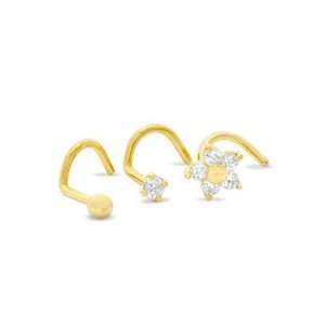   and Flower Nose Stud Set with Cubic Zirconia in 14K Gold GOLD NOSE