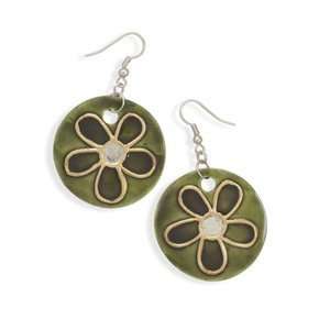    Green Shell Fashion Earrings with Hand Painted Flower Jewelry
