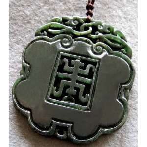    Vintage Style Black Green Jade Fortune Pendant 