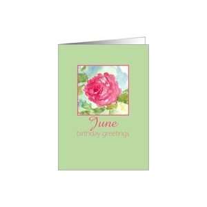  Happy June Birthday Greetings Pink Rose Flower Watercolor 