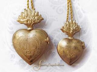 Gold Flaming Heart Ex Voto LOCKETS; Our Lady/Miraculous Medal Notre 