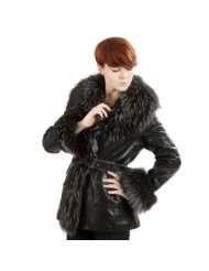 United Face Womens Luxury Belted Raccoon Fur Leather Coat