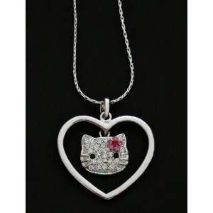  Hello Kitty Encircled Heart Crystal Charm Necklace   Pink 