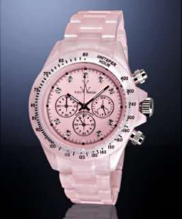   pink plastic Pearlized Plasteramic chronograph link bracelet watch