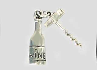 Sterling Silver WINE & CORKSCREW MOVABLE CHARM, 3 D  