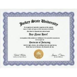 Jockey Jockeying Degree Custom Gag Diploma Doctorate Certificate 