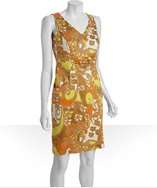 Tahari ASL tan and orange floral stretch cotton belted dress style 