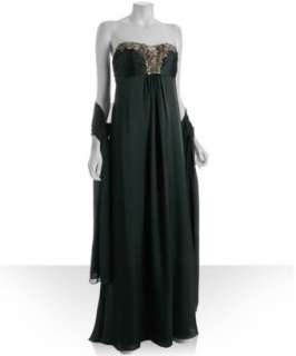 Theia forest green silk gold detail evening gown   