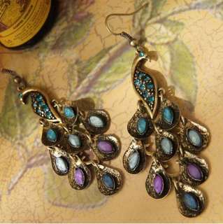 Gradient Color Vintage Peacock Feather Earring Jewel Fading Effect 
