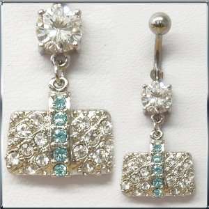  Pave Purse Belly Button Navel Ring Dangle with CZ and Blue 