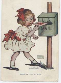   Girl Posting Valentine I Send My Love By Mail Vintage Postcard  