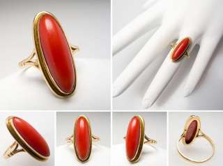   Red Coral Cabochon Cocktail Ring Solid 18K Yellow Gold Estate Jewelry