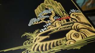 Raised Chinoiserie Scenery Hand Painted Trunk Matte Black Lacquer 
