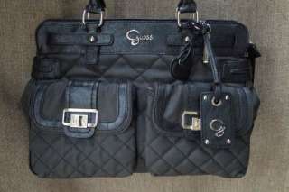 Guess Groovy Black Quilted Satchel Tote Silver Hardware Large Interior
