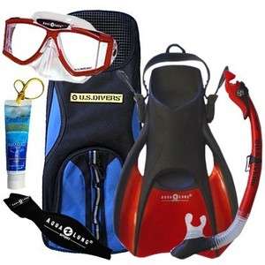 New U.S. Divers Mask, Dry Snorkel, Trek Travel Fins & Coast Bag 
