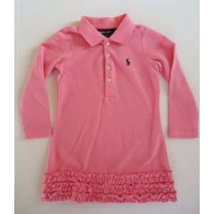 Ralph Lauren Polo Pony Mesh Pink Ruffle Long Sleeve Cotton Dress, Size 