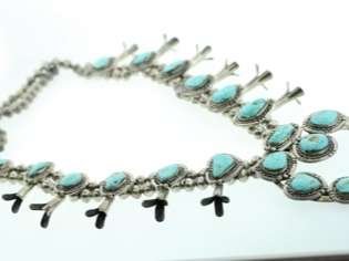  American Navajo Sterling Silver W/ Turquoise Squash Blossom Necklace