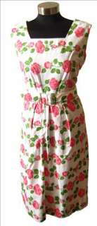   60s FLORAL garden white pink tea summer belted dress M L 8 10  