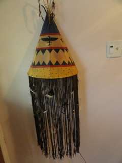 Handmade teepee wall lamp, canvas and rawhide fringe  