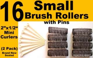 16 BRUSH ROLLERS & PINS Small Mini Tiny Hair Curlers Bristles 2 x 1/2 