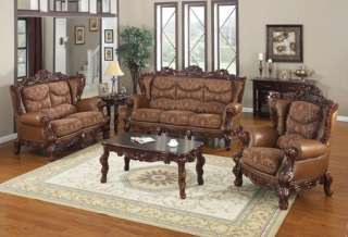 Traditional Formal Leather Fabric Sofa Loveseat 2 Pc Living Room Set 