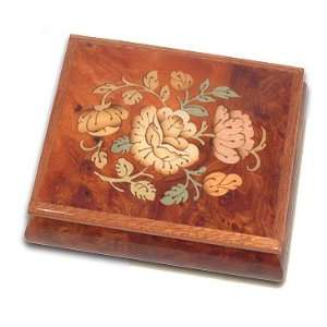   Floral Hand Inlaid Reuge Musical Ring / Earring Box 