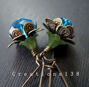 Blue Glass Flower Bead Antique Brass Costume Earrings  