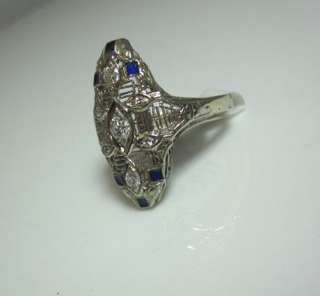   DECO 14K WHITE GOLD FILIGREE DIAMOND BLUE ENAMEL RING DETAIL  