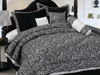 7pcs White Black Zebra Micro Fur COMFORTER SET BED IN A BAG Queen 