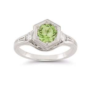 Roman Art Deco Peridot and White Topaz Ring in .925 Sterling Silver